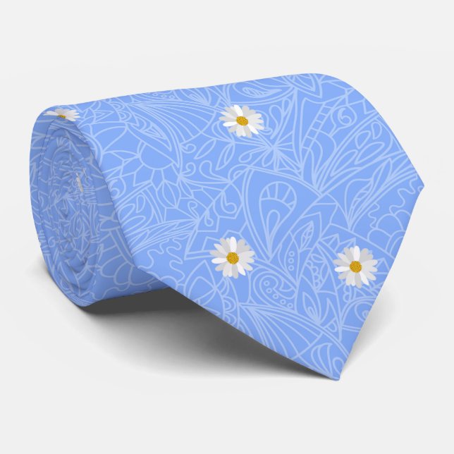 Blue daisies striped pattern. Wedding style Tie (Rolled)