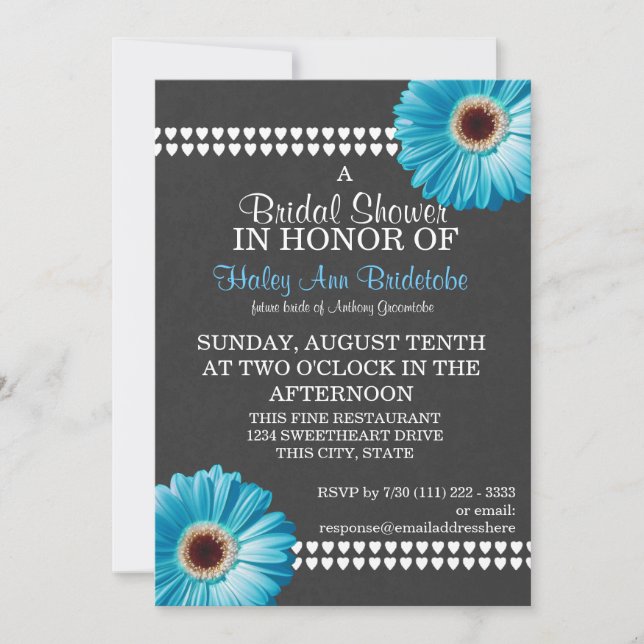 Blue Daisy and Slate Grey Bridal Shower Invitation (Front)