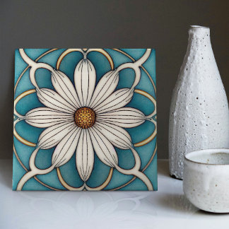 Blue Daisy Art Deco Floral Wall Decor Art Nouveau Tile