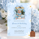 Blue Daisy Coquette Girl 1st Birthday with photo Invitation<br><div class="desc">Blue Daisy Coquette Bow Girl 1st Birthday Invitation,  Girl First Birthday With Photo Invite,  Editable Kids Birthday Party</div>