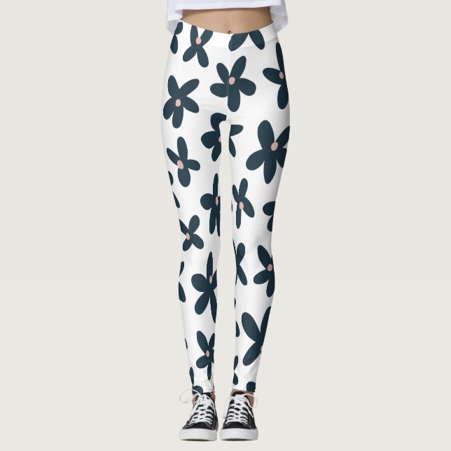 Blue Daisy Floral Cute Workout Running Leggings (Front)