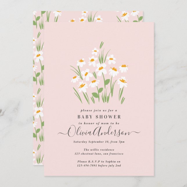 Blue daisy floral elegant beautiful baby shower invitation (Front/Back)