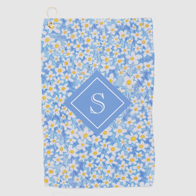 Blue Daisy Floral Pattern Monogram Golf Towel (Front)