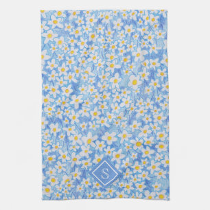 Blue Daisy Floral Pattern Monogram Tea Towel
