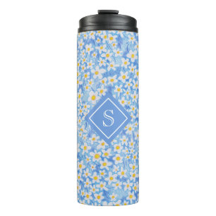 Blue Daisy Floral Pattern Monogram Thermal Tumbler