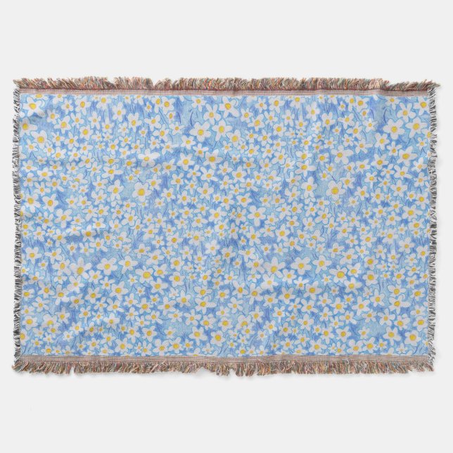 Blue Daisy Floral Pattern Throw Blanket (Front)