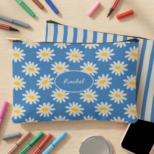 Blue Daisy Floral & Retro Striped Girls Pencil Accessory Pouch