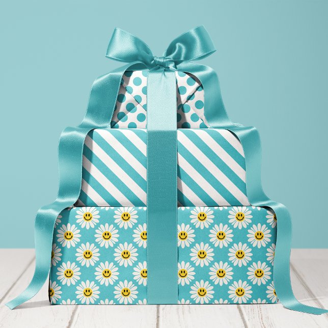 Blue Daisy Floral Stripes Polka Dot  Wrapping Paper Sheet (Creator Uploaded)