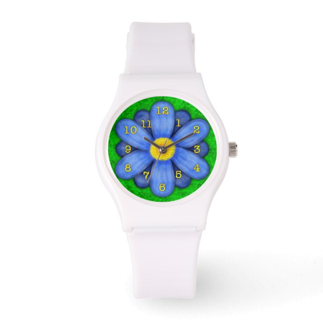 Blue Daisy Flower on Green Beautiful Watch (Front)