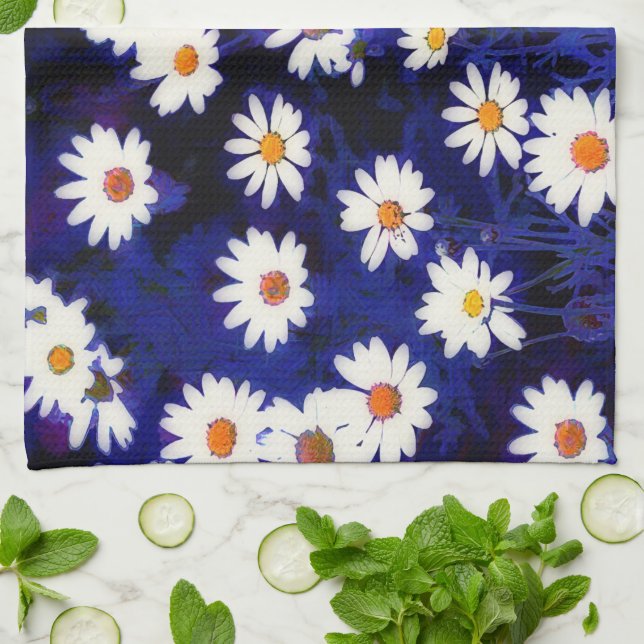 Blue Daisy Garden Art Kitchen Towel (Folded)