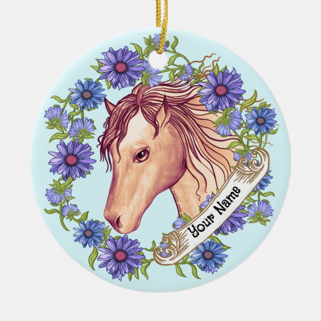 Blue Daisy Horse Ceramic Tree Decoration (Front)