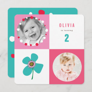 Blue Daisy Pop Squares Girl Birthday Photo Invite