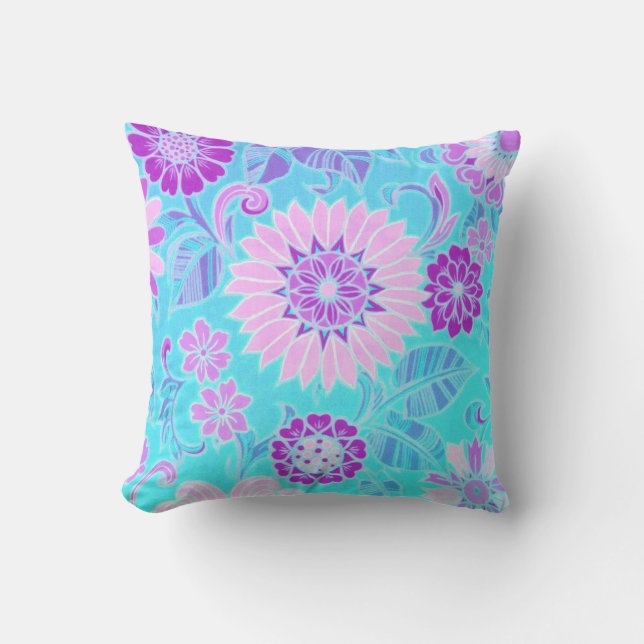 Blue Daisy Retro Print Outdoor Cushion (Front)