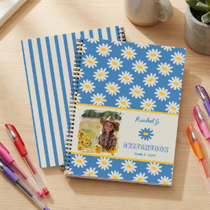 Blue Daisy & Striped Kids Photo Custom Sketchbook Notebook