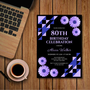Blue Daisy Triangle Geometric Black Birthday Invitation