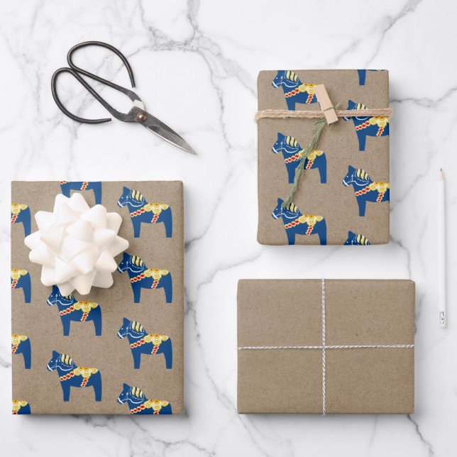 Blue Dala Horse Wrapping Paper Flat Sheet Set of 3 (Front)