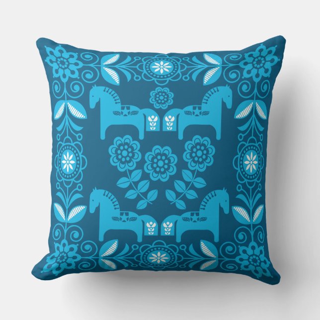 Blue Dala Swedish Horse Print Cushion (Front)