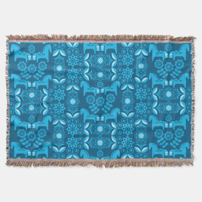 Blue Dala Swedish Horse Print Throw Blanket (Front)