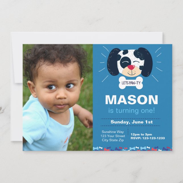 Blue Dalmatian Birthday Invitation with Photo (Front)