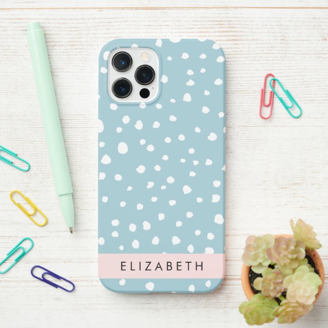 Blue Dalmatian Spots, Dalmatian Dots, Your Name iPhone Case (On Desk)