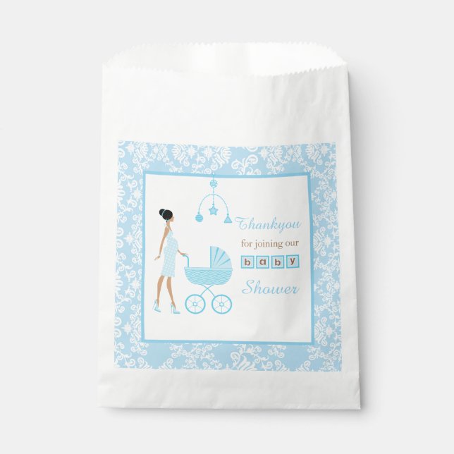 Blue Damask African American Woman Baby Shower Favour Bags (Front)