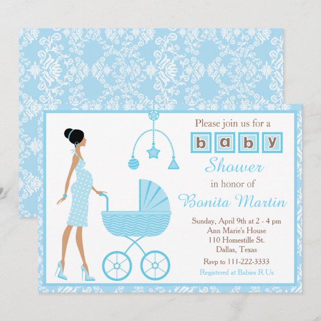 Blue Damask African American Woman Baby Shower Invitation (Front/Back)
