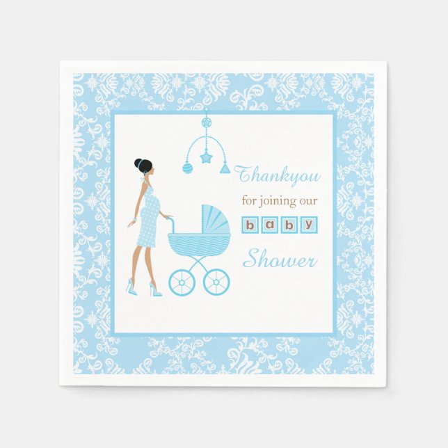 Blue Damask African American Woman Baby Shower Napkin (Front)