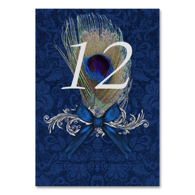 Blue Damask and Peacock Feather Table Number Card (Front)