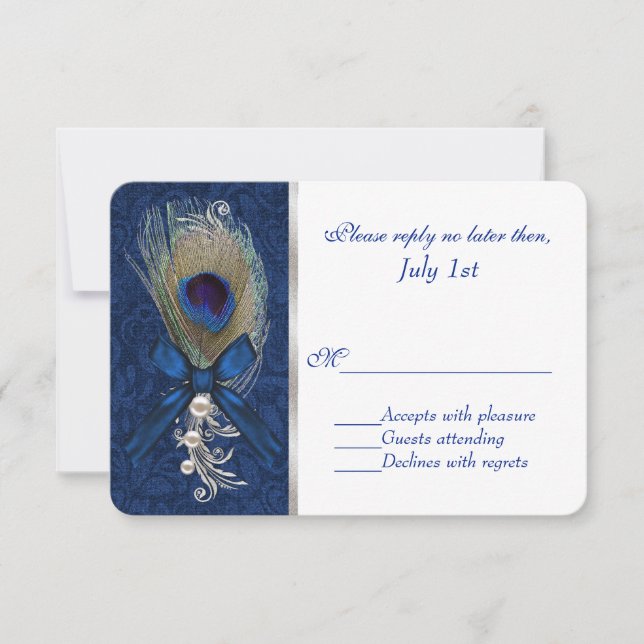 Blue Damask and Peacock Feather Wedding RSVP (Front)