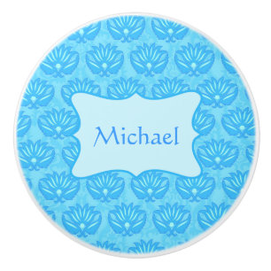 Blue Damask Baby Boy Name Personalised Ceramic Knob