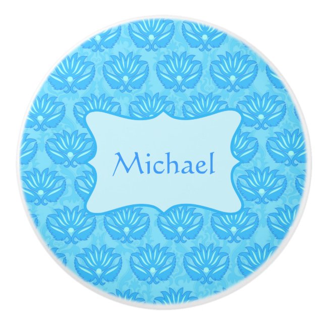 Blue Damask Baby Boy Name Personalised Ceramic Knob (Front)