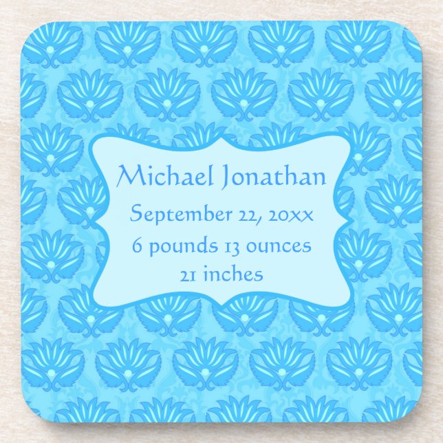 Blue Damask Baby Boy Name Personalised Coaster (Front)