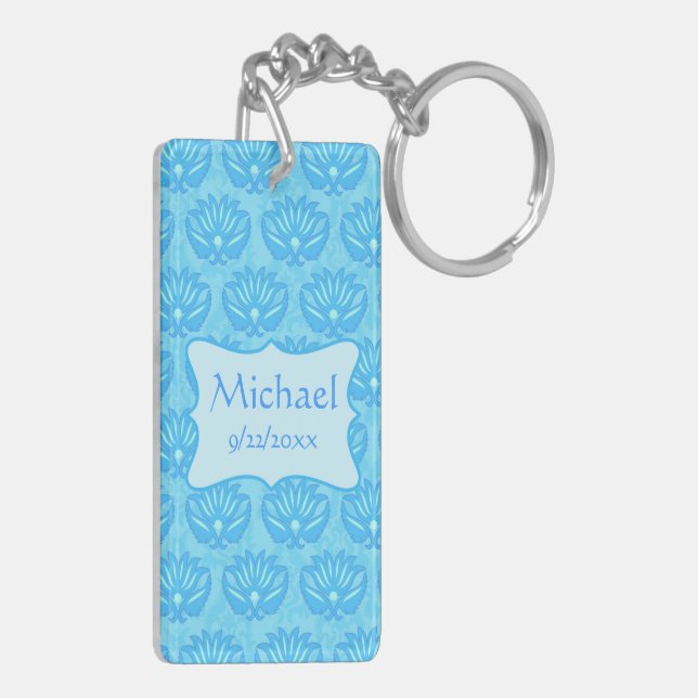Blue Damask Baby Boy Name Personalised Key Ring (Back Left)