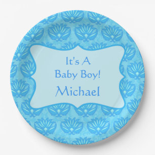 Blue Damask Baby Boy Name Personalised Paper Plate