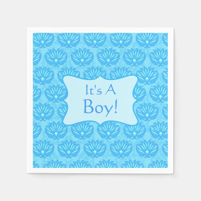 Blue Damask Baby Its A Boy Announcement Napkin (Front)