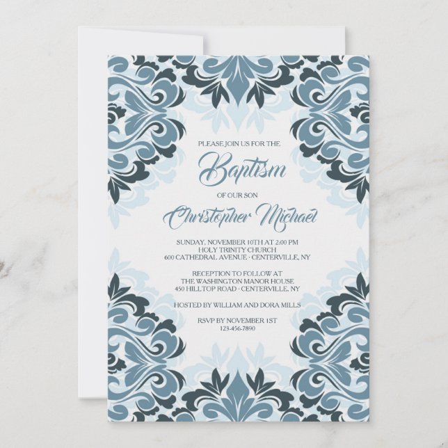 Blue Damask Baptism Invitation (Front)