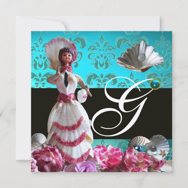 BLUE DAMASK BEACH WEDDING - BRIDAL SHOWER MONOGRAM INVITATION (Front)