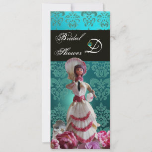 BLUE DAMASK BEACH WEDDING - BRIDAL SHOWER MONOGRAM INVITATION