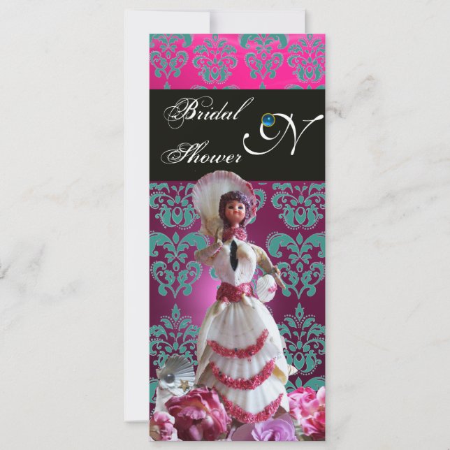 BLUE DAMASK BEACH WEDDING - BRIDAL SHOWER MONOGRAM INVITATION (Front)