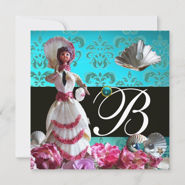 BLUE DAMASK BEACH WEDDING - BRIDAL SHOWER MONOGRAM INVITATION (Front)