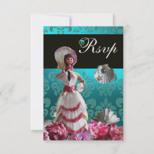 BLUE DAMASK BEACH WEDDING - BRIDAL SHOWER RSVP CARD