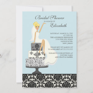 Blue Damask Blonde Bride Bridal Shower Invitation
