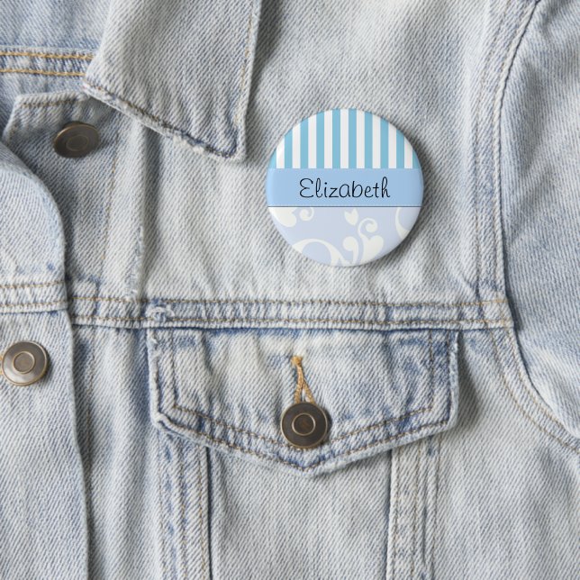 Blue Damask, Blue Stripes, Striped, Your Name 6 Cm Round Badge (In Situ)