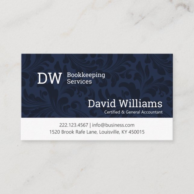 Blue Damask Bookkeeping/Accounting Business Card (Front)