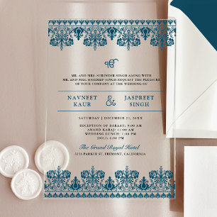 Blue Damask Border Anand Karaj Sikh Wedding Acrylic Invitations