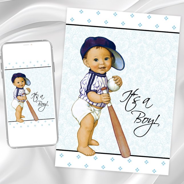 Blue Damask Boy Baby Shower Invitation (Sweet baseball baby shower invitation with adorable baby boy with baseball hat, bat and ball.)