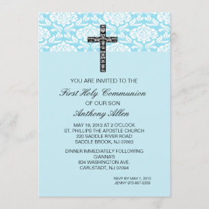 Blue Damask Boys Communion Invitation