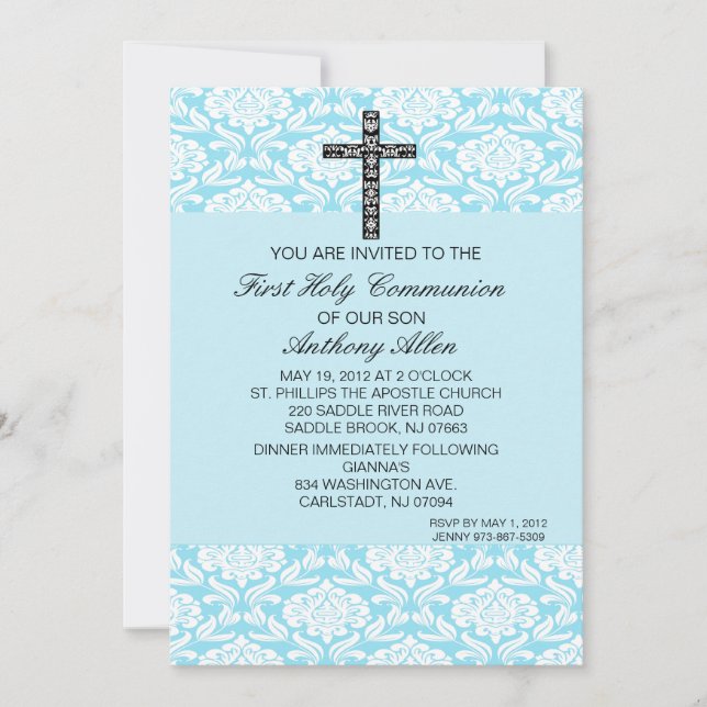 Blue Damask Boys Communion Invitation (Front)