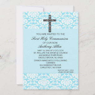Blue Damask Boys Communion Invitation
