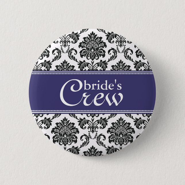 Blue Damask Bride's Crew Button (Front)